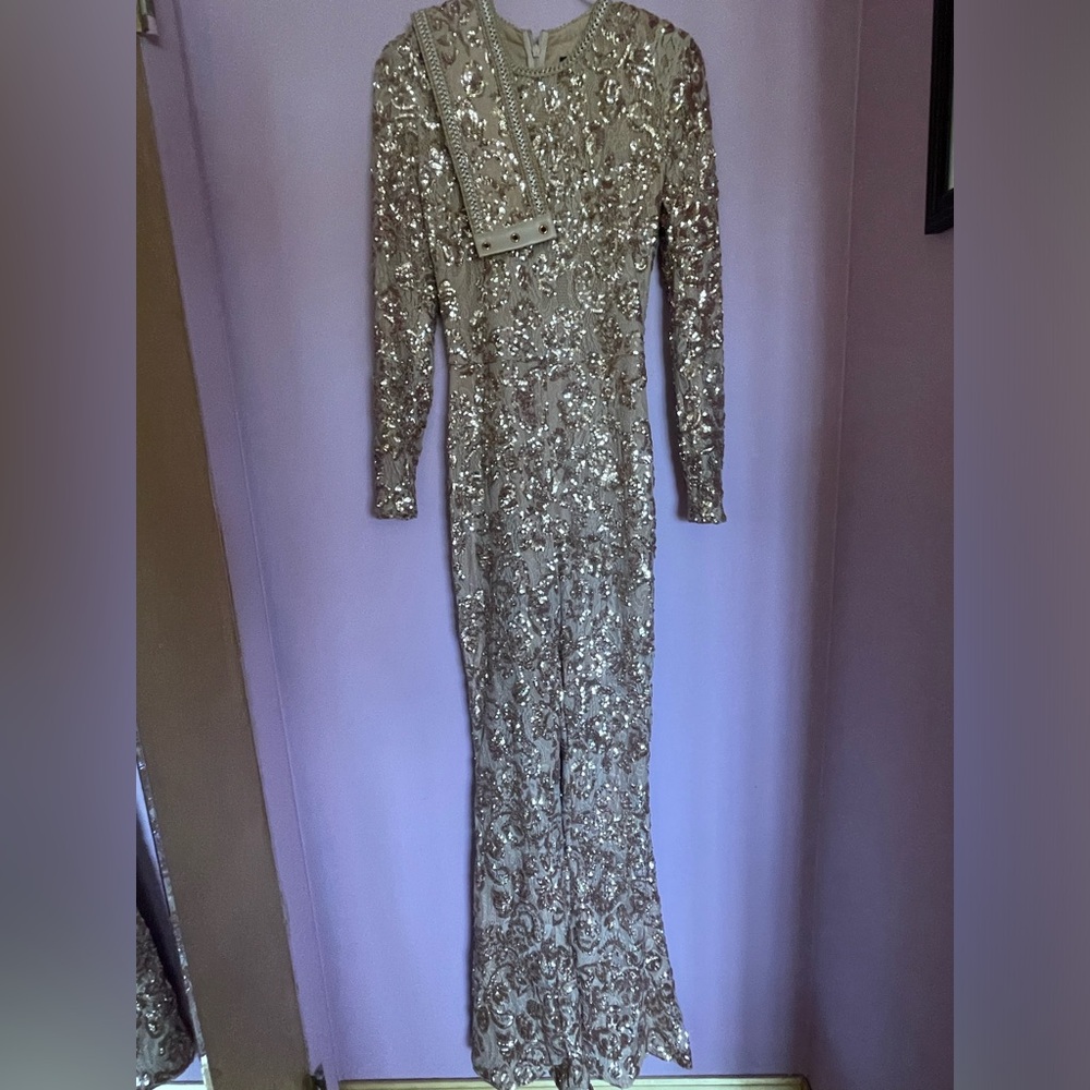 Nadine Merabi Rose gold jumpsuit.